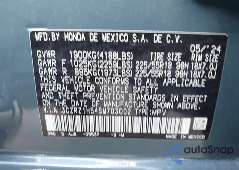 2025 Honda Hr-V 2Wd Sport from USA, damaged, VIN 3CZRZ1H54SM703002